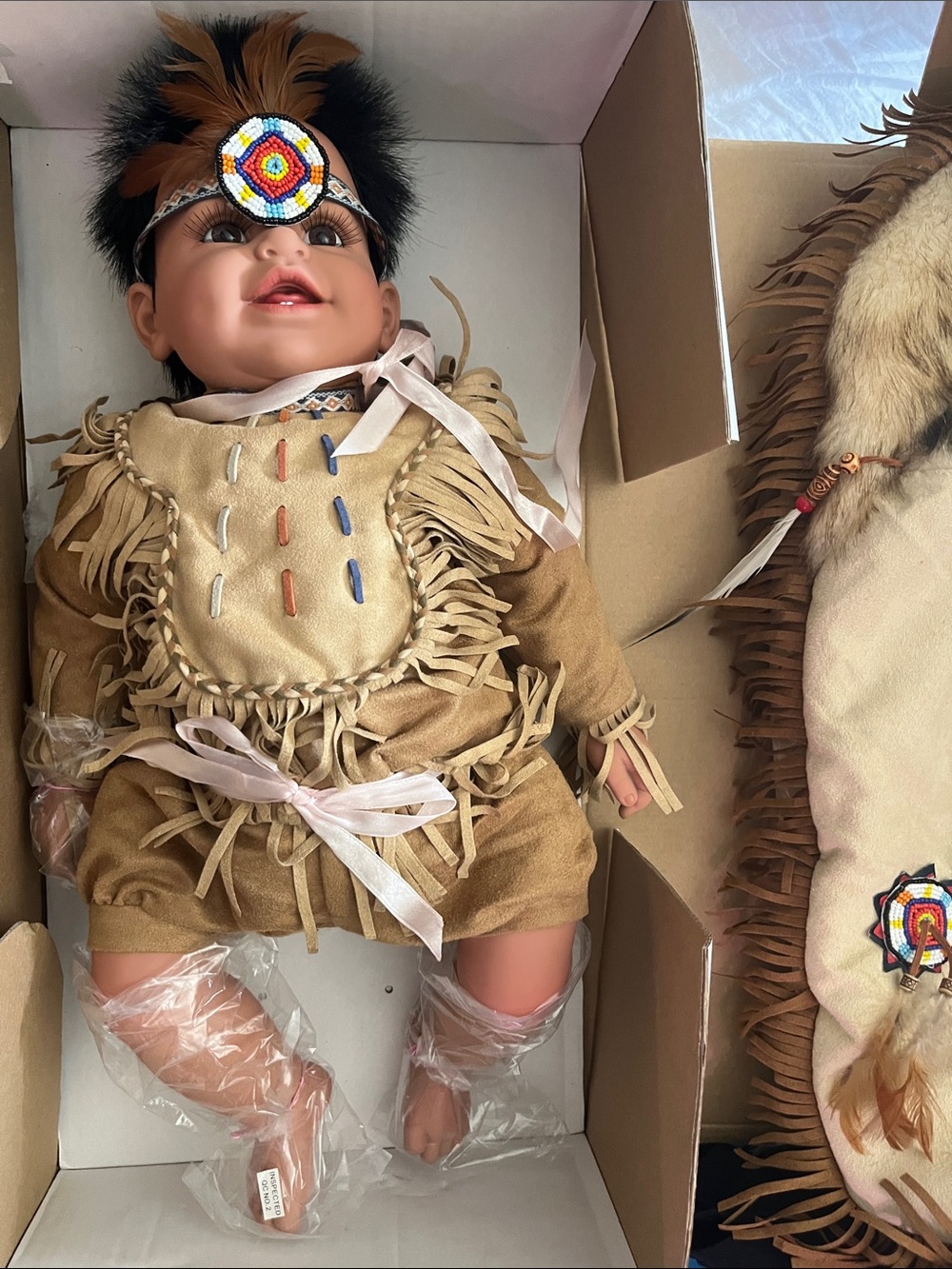 Adore Brown Tan Faux-Suede Native Style Baby Doll with Beaded Headband - War She